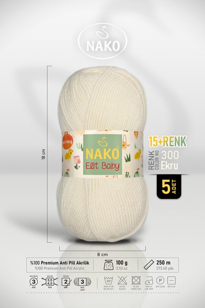 NAKO ELIT BABY • Ekru (300) • 5'li Paket × 100 gr / 250 m • Bebek İpi • Anti Pilling, Tüylenmez • Yelek, Battaniye, Patik