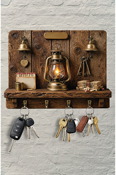 Time in a Tin 2D Ahşap Duvar Askısı Anahtarlık Retro Gaz Lambası Dekoratif Du...