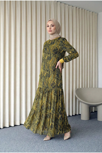 MODAQU Authentic Pattern Lined Chiffon Dress - Oil Green