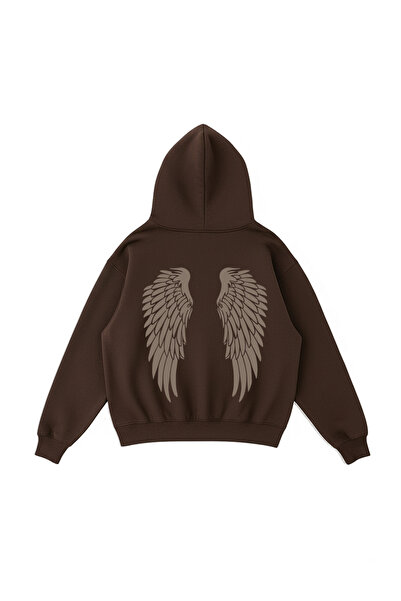 WHITE OF CREATIVE Kadın Sırt Melek Kanatları Baskılı Oversize Hoodie 3 İplik ...
