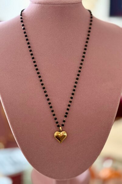 Trendy Butik Çelik Siyah Boncuklu Kalp Kolye