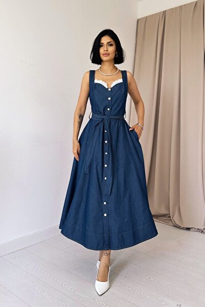 LİBAS Kare Yaka Tensel Kolsuz Rahat Kalıp Midi Elbise