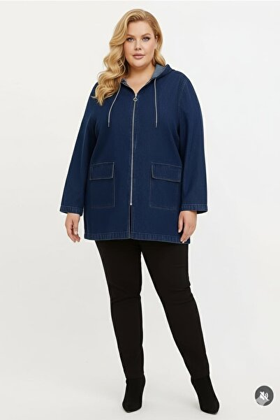 xlargebutik Baddal Plus Size Women's Dark Blue Denim Jacket New Season