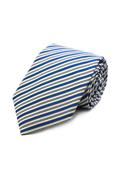 Sade Kravat Beyaz Saks Mavi Sarı Çizgili İpek Kravat 32879 Mavi