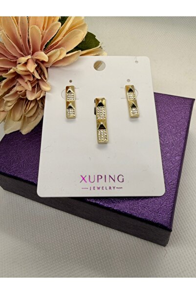 XUPING JEWELRY KUYUMCU SERİ 14K RENGİ ZİRKON TAŞLI ÇELİK KOLYE UCU VE KÜPE SETİ