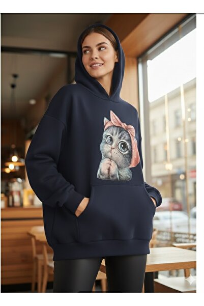 PENTHİLUS Cute Cat Print Oversized Hooded Sweatshirt - Oversized Hoodie