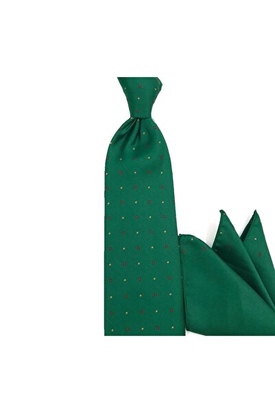 Sade Kravat Dark Green Red Orange Polka Dot Special Woven Handkerchief Tie 32...