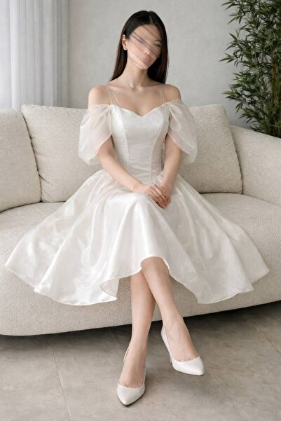 Bamah Pearl white midi evening dress with a soft sheen
