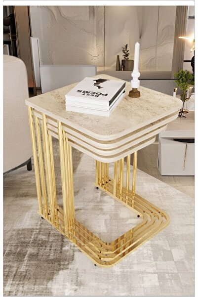 Teknor Orkide Tekerlekli 4 Lü Zigon Sehpa Gold - Traverten