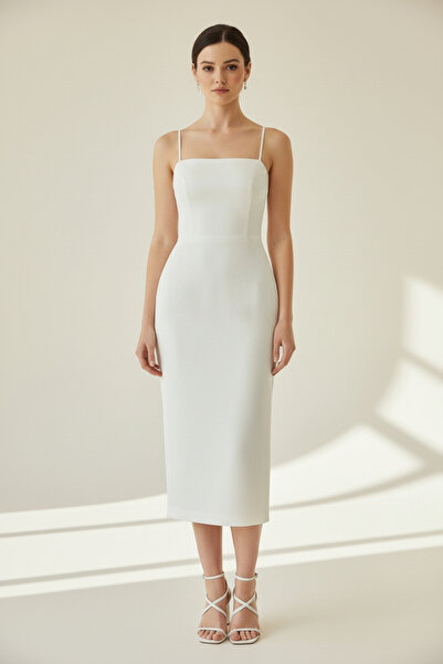 ENDAMIM Square Neck Scuba Midi Dress Slim Fit Slit Zipper Wedding Wedding Wom...