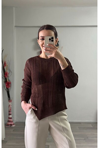 Derya Akyol Kadın Acı Kahve Asimetrik Kesim Triko Bluz