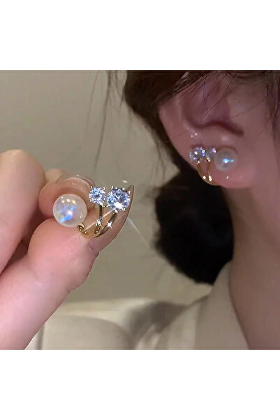 Glamluxe Double Stone Pearl Detail Steel Earrings