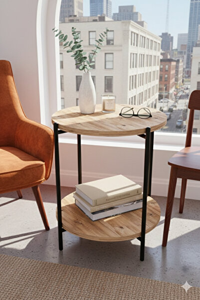 DZGN HOME Nergis Dekoratif Yuvarlak Ahşap Yan Sehpa Zigon Sehpa Mobilya İki K...