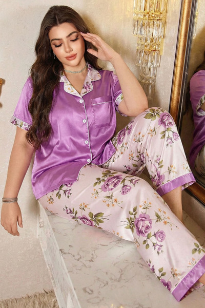 Sweet Dream Women Plus Size Pajama Sets Soft Satin Loungewear Oversized Sleep...