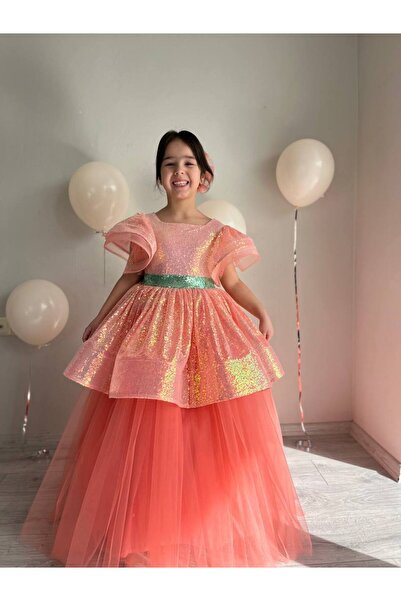 Sare Çocuk Giyim Salmon Pink Sequined Long Maxi Length Girls' Birthday Dress ...