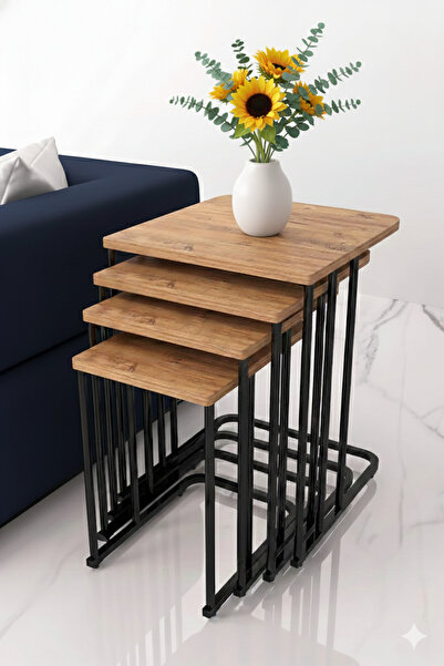 DZGN HOME Yasemen Tekerlekli 4 Lü Zigon Sehpa Siyah - Ceviz Mdf