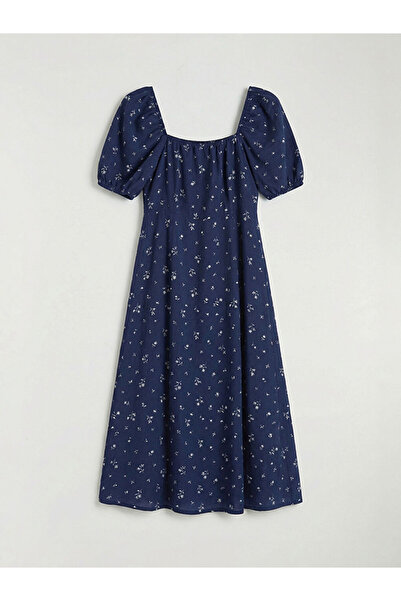 LC Waikiki GÜLİS GİYİM'DEN İndigo Kare Yaka Çiçekli Yırtmaçlı Elbise