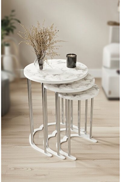 Teknor Tokyo Gümüş Beyaz Mermer Mdf 3 lü Yuvarlak C Zigon Sehpa