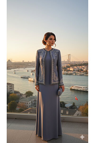 UZER Kadın Gri İncili Ceketli Uzun Abiye Elbise - Davet ve Düğün Kıyafeti