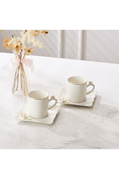 Malooki Set of 2 Porcelain Coffee Cups with Saucers, 180 ml - Floral Details