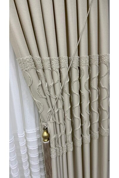 Fon Dünyası Luxury Linen Textured Feathered Cream Panel Background Curtain (S...