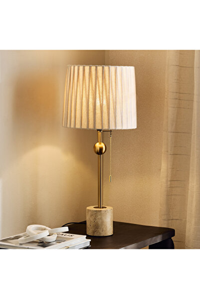 Generic Zeston Travertine and Metal Pleated Shade Table Lamp with Pull Chain ...