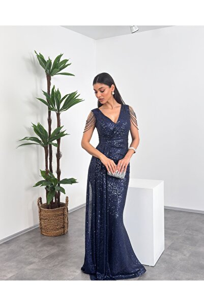 Mialora Double-Breasted Collar Shoulder Beading Detailed Tasseled Maxi Women'...