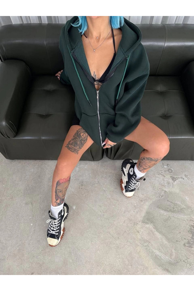 Genel Markalar Oversize Tam Fermuarlı Uzun Kol Hırka - Haki -