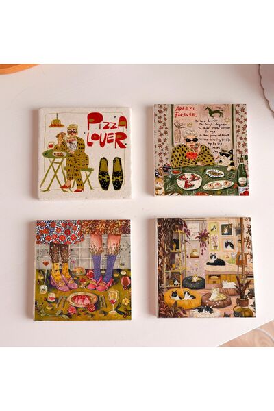 arslart Pizza Aperitif and Old Lady Patterned Natural Stone Coasters, Tablewa...