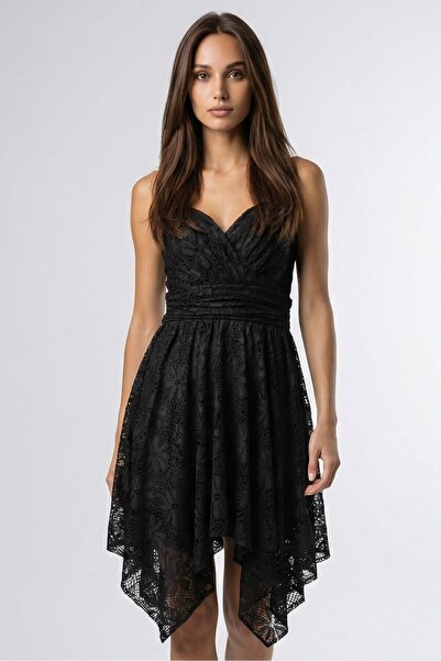 OLSAMODA Women's Lace Thin Straps Sleeveless Heart Collar Skirt Asymmetric Li...