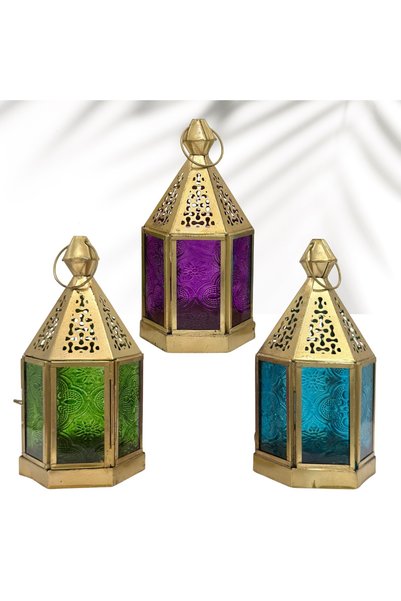 Souq DESIGNS Ramadan Lantern Set of 3 – Mini Moroccan Gold Candle Lanterns Blue Purple Green | Arabic Lanterns | Ramadan Decorations | Lanterns for Decor | Small Candle Holder | 15cm 3 Pcs fanoos