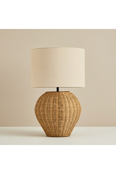 Home Box مصباح طاولة من خشب الروطان الطبيعي مع غطاء من الكتان - 36 × 58 سم