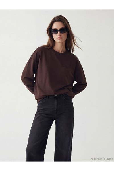 LC Waikiki Tunica de damă LCW Modest, maro, cu decolteu tip crewneck și broderie