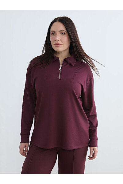 LC Waikiki Γυναικείο φούτερ με φερμουάρ σε μπορντό χρώμα με λαιμόκοψη πόλο
