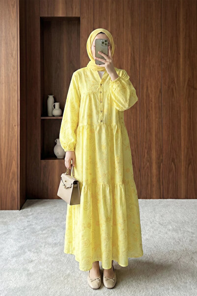 MODAQU Jacquard Print Buttoned Layered Dress - Yellow