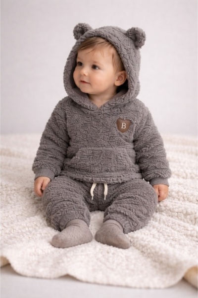 Superbaby Set bebe Bymurat welsoft gri cu hanorac cu glugă și pantaloni pufoși