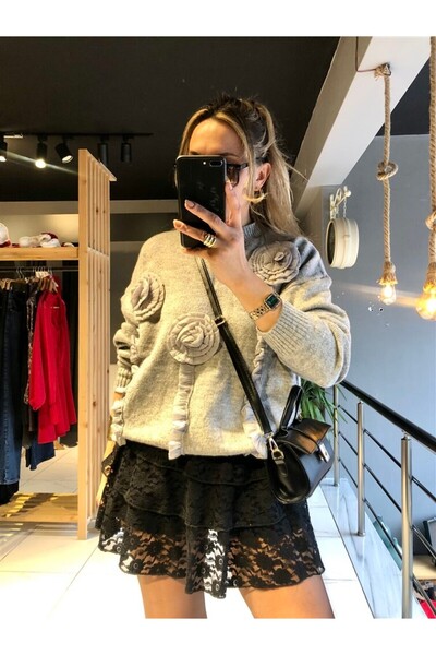 Gözde Tasarım Butik Women's Gray Color Crochet Collar Tricot Sweater with Ros...