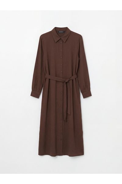 LC Waikiki Brown Textured Belted Shirt Dress by Güli̇s Gi̇yi̇m