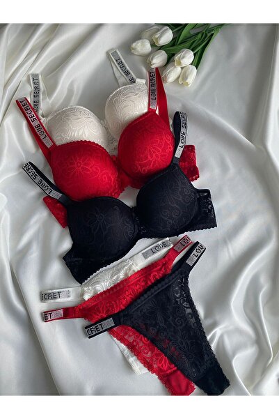 Gold Night Women's lace stone underwire support padded push-up bra set linger...