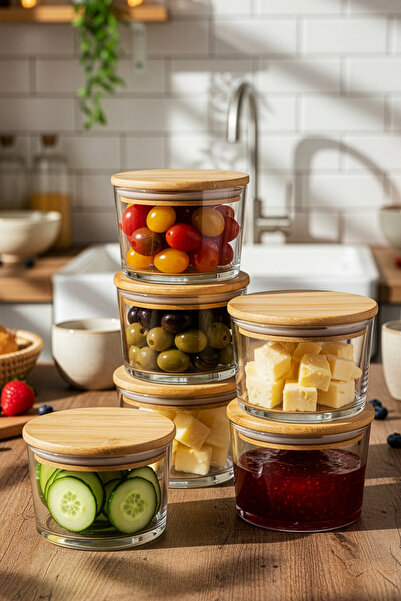 Snippy Feel - 6'lı Bambu Vakumlu Kapaklı Cam Kahvaltılık Çerezlik Saklama Kab...