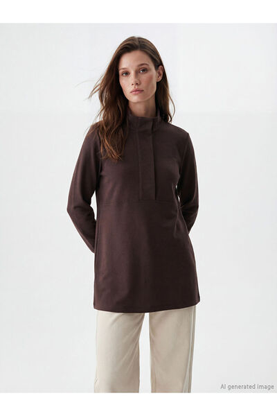 LC Waikiki Lcw Modest Brown High Neck Soft Touch Women's Sweatshirt Tunic