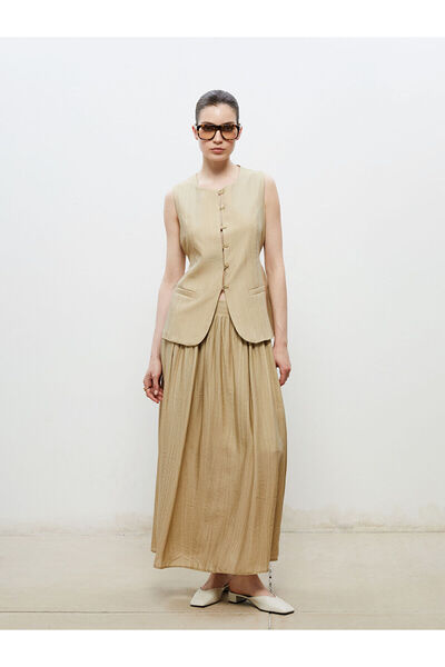 LC Waikiki Seray New Season Elastic Waist Linen Look Pleated Skirt