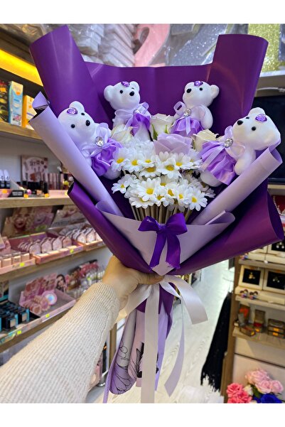 UMAY FLOWERS Mor Düşler Serisi Ayıcıklı Papatya Buketi - 4 Adet Mini Ayıcık v...