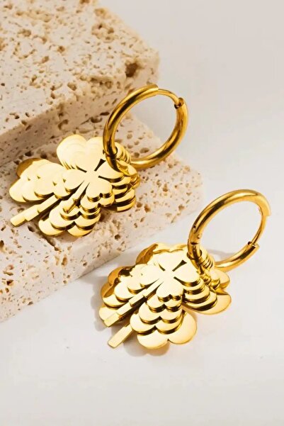 Miren Takı Moda Çelik Vip Çoklu Yonca 4 Yapraklı Gold Küpe