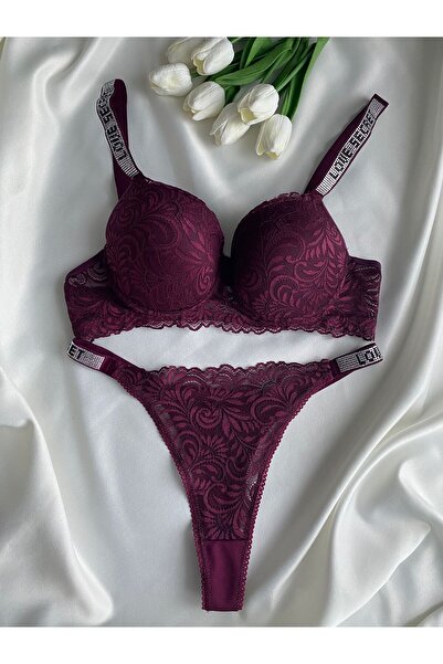 Gold Night Women's Purple Lace and Stone Underwire Supported Padded Push up B...