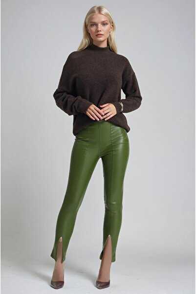 Lijuri High waist faux leather leggings pants with ankle slit 0110