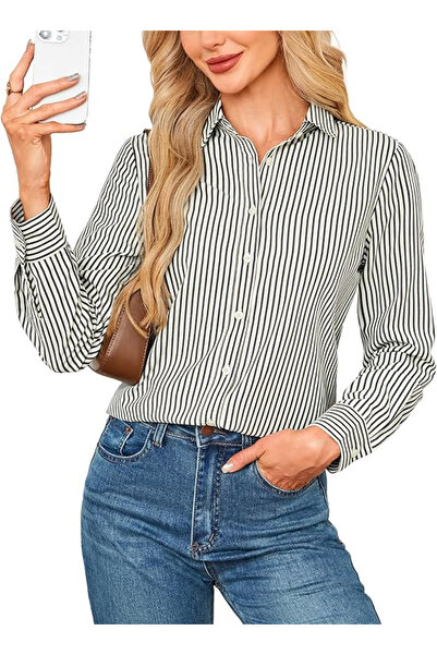 Beluring Women's long-sleeved casual shirt size L white with stripes