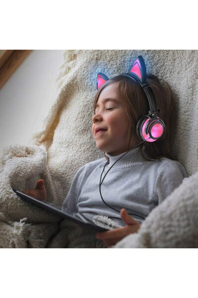 NİL Cat Ear Headphones for Kids & Teens, LED Light USB Rechargeable Foldable ...