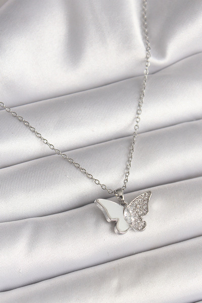 Skygo سلسلة فضية اللون 316L كولا - موديل فراشة من المينا البيضاء مع حجر الزركون