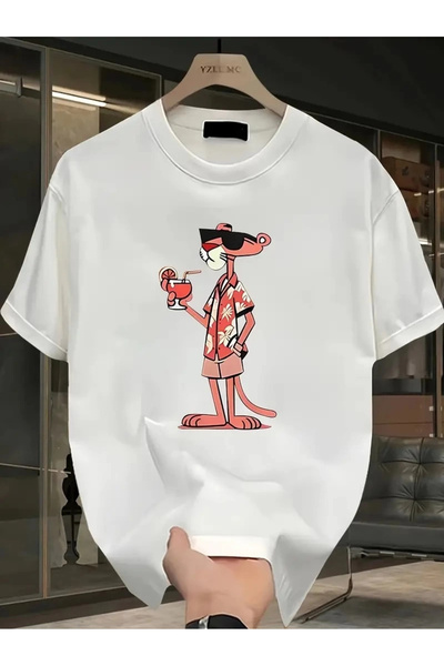 Glam Love Pink Panther Printed Oversize Casual Short Sleeve T-Shirt - White